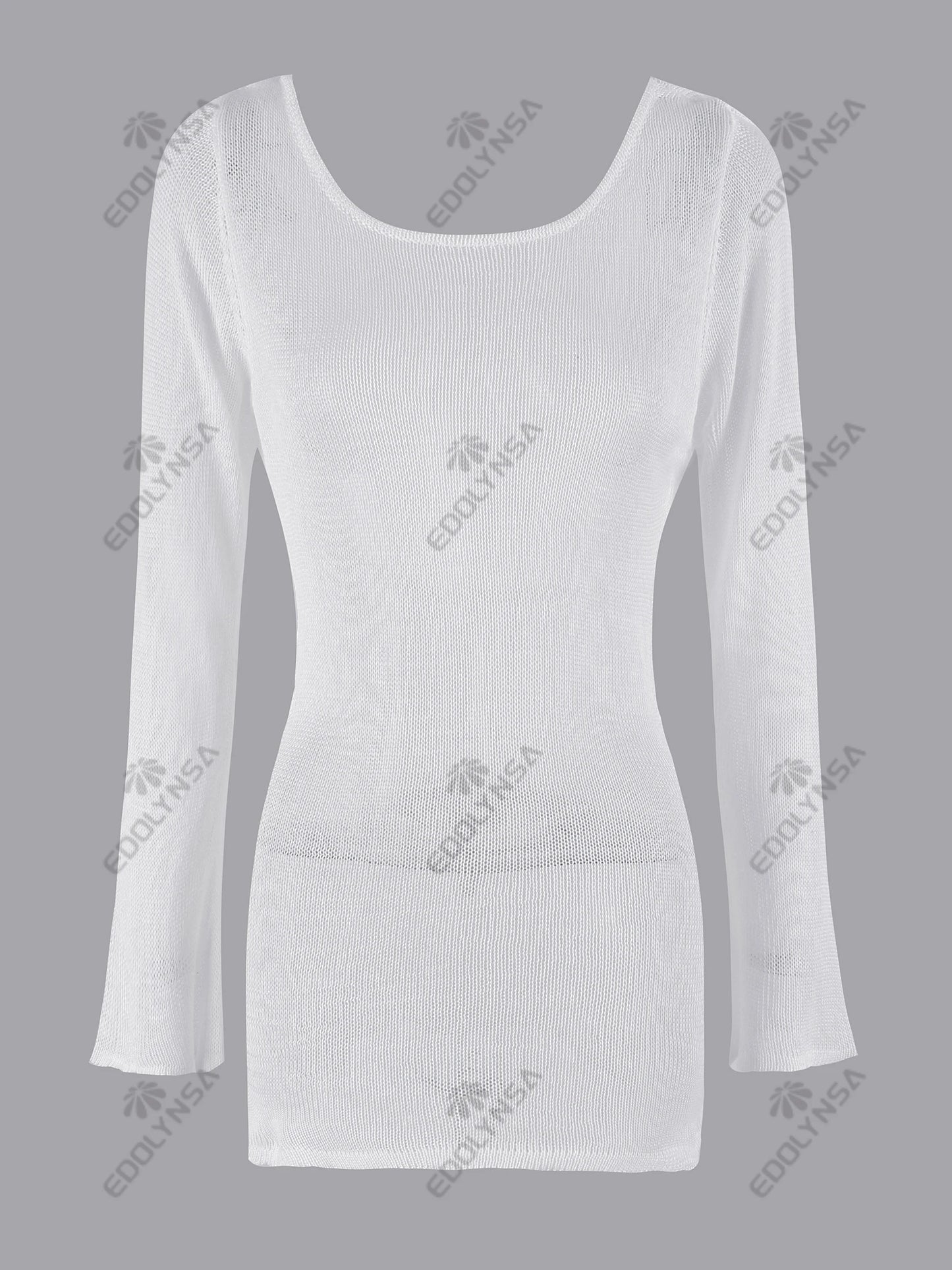 Robe de plage en tricot transparent pour femmes, dos nu, manches cloche, couleur unie, coverups de bain, élégante, col rond, mini, été, 2025, K98