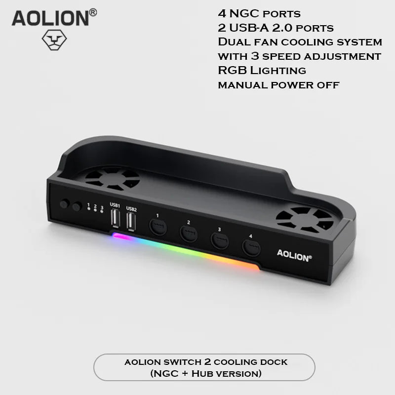 Aolion para Switch 2 Base RGB Ventilador de refrigeración HUB portátil Base de expansión Soporte de pared con NGC para accesorios de Switch 2