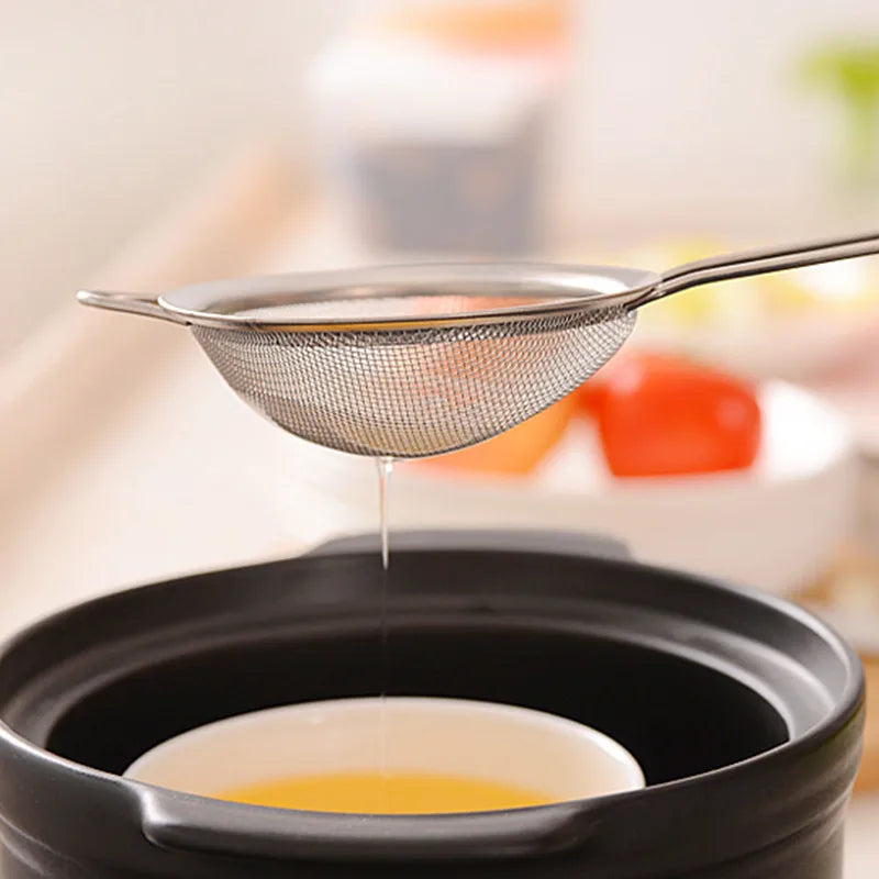 Colador de malla fina de acero inoxidable, con mango y gancho resistentes, tamiz para jugo de leche de soja, utensilios de cocina, 3 piezas