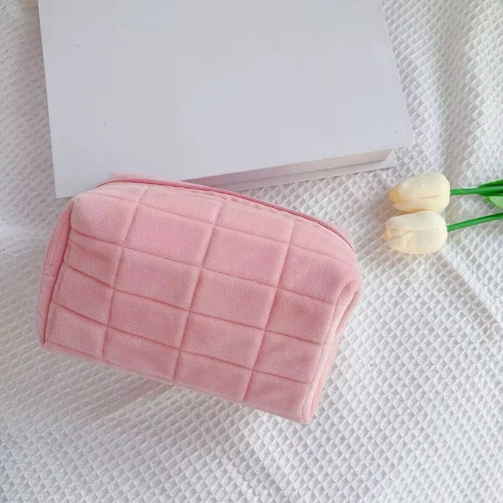 Neceser de felpa suave, bolsa de viaje portátil, color liso, cierre de cremallera, organizador de almacenamiento de artículos de tocador para mujeres, bolsa de maquillaje