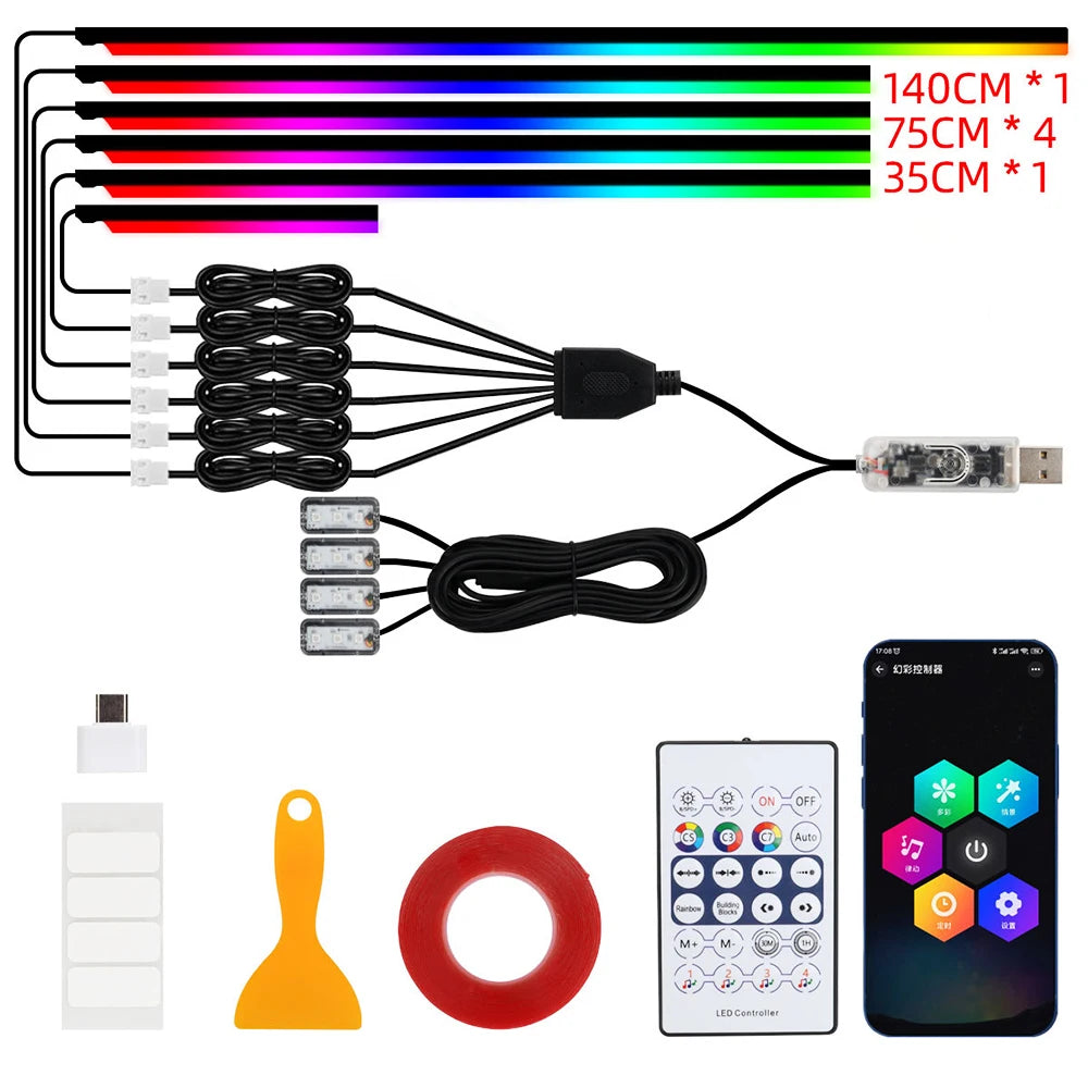 Lumières d'ambiance Led 18 en 1 pour voiture, symphonie, application Bluetooth, banderole de couleur RGB 214, bande acrylique ar