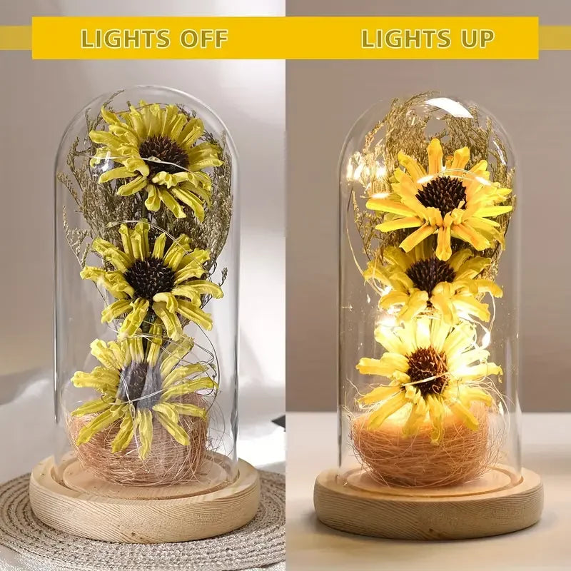 Girasoles artificiales de cristal bretón con tira de LED para mujeres, regalos de girasol, decoración de girasol, Día de la Madre, Fiesta de León