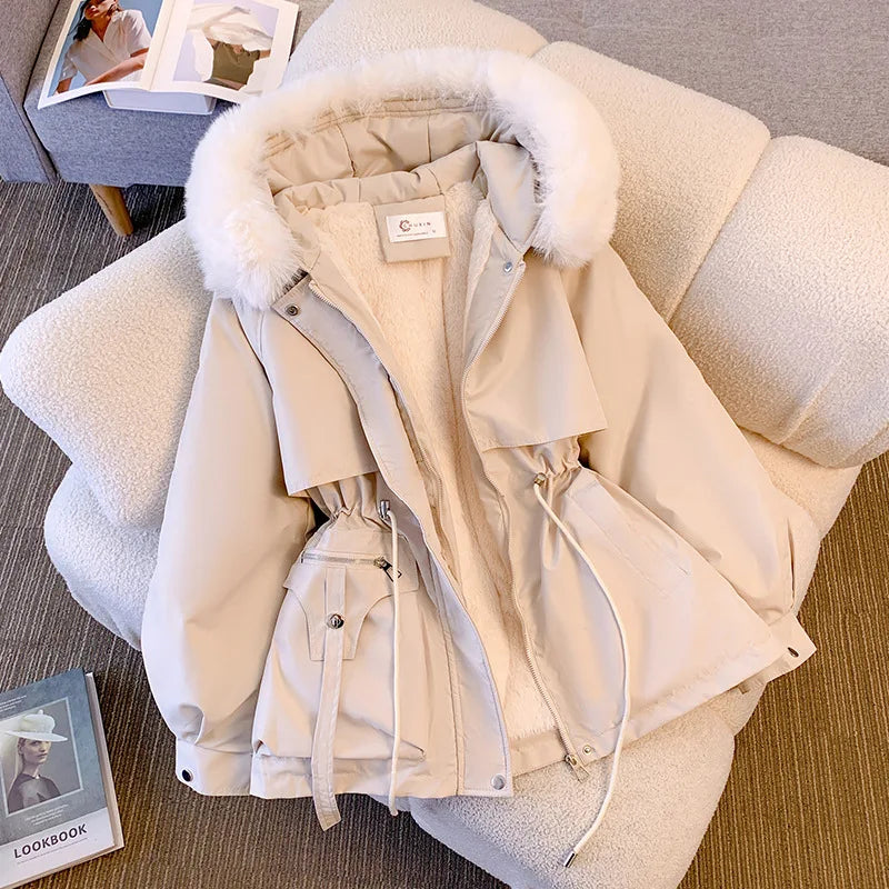 Chaqueta de invierno con capucha forrada de lana para mujer, abrigo cálido acolchado con cordón, Parkas coreanas informales, ropa de calle abullonada