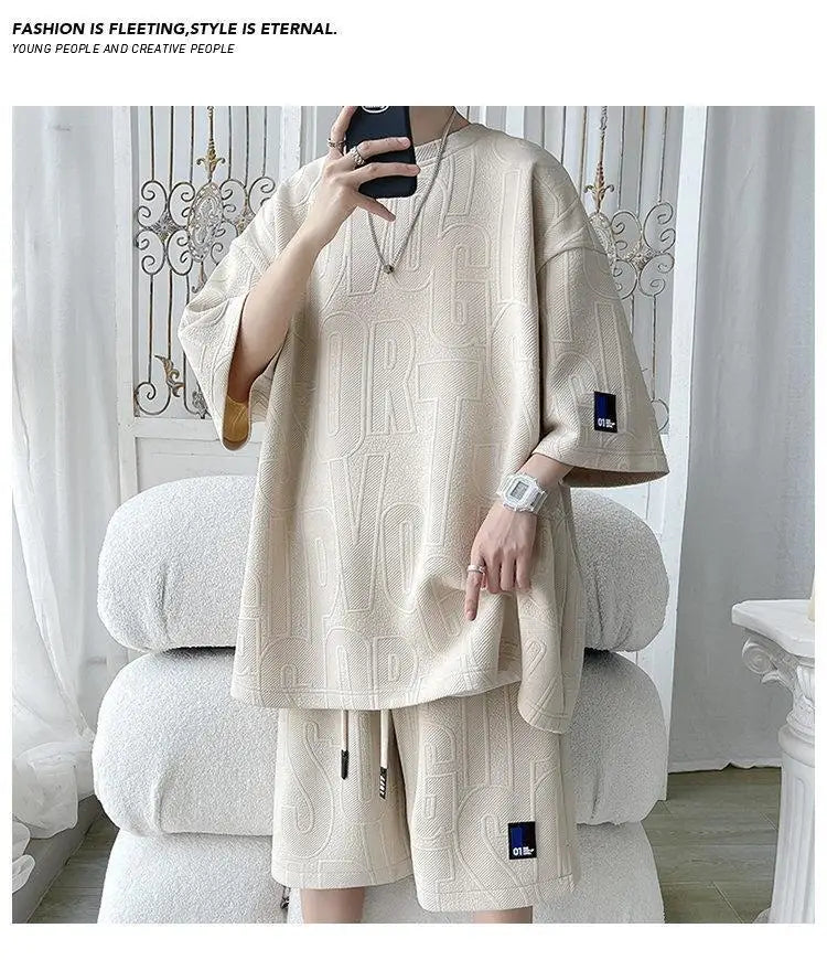 Ensemble d'été homme 2026 — T-shirt décontracté et short en tissu gaufré, survêtement uni ample