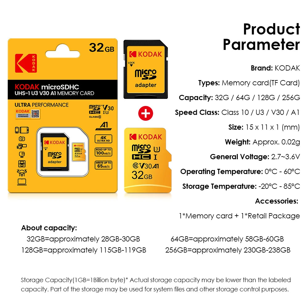 Original Kodak U3 A1 V30 MicroSD 128GB 32GB 64GB 256GB classe 10 cartes 32 64 128 256GB carte mémoire de téléphone vidéo