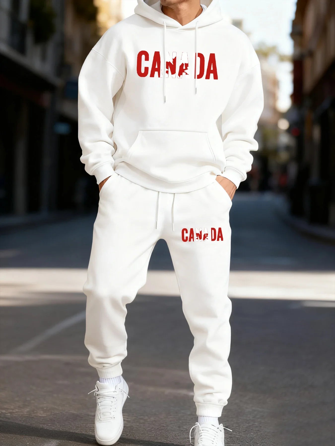 Canada Maple Leaf Print Men's Hoodie Fleece Autumn Two-Piece Sets Casual Winter Pants
