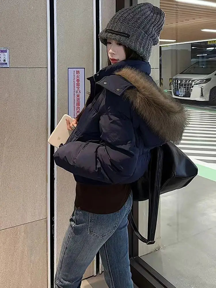 Women's retro American warm fur-collared solid color hooded cotton coat, loose casual slim winter cotton coat jacket