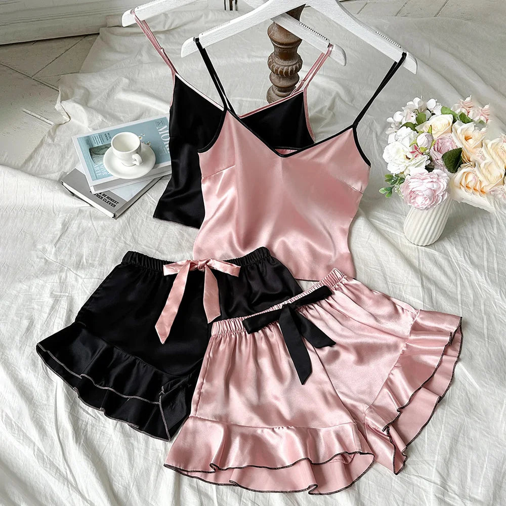 Women's Smooth Satin Pajamas, V-Neck T-Shirt, Ruffled Edges and Bow Shorts, Simple and Breathable Pajama Set, Strappy Homewear