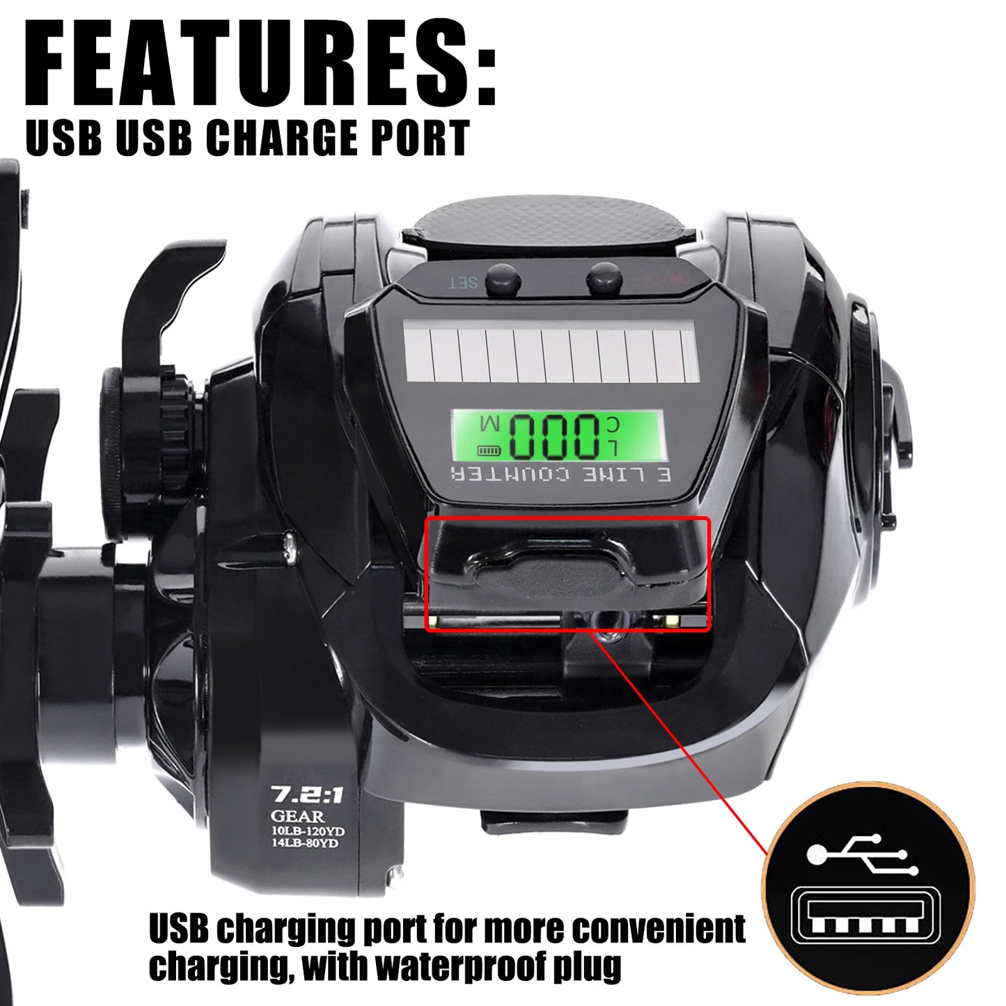 Nouveau moulinet de pêche Baitcasting électronique écran Led USB et charge solaire 7.2: 1 mer eau salée étanche coulée tambour roue coulée