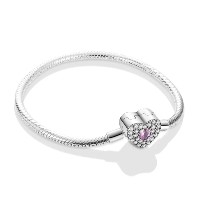 Pulsera de moda S925 de plata chapada con corazón de melocotón de amor brillante con circonitas para mujer, abalorios de bricolaje, cuentas finas, joyería de cumpleaños, bricolaje