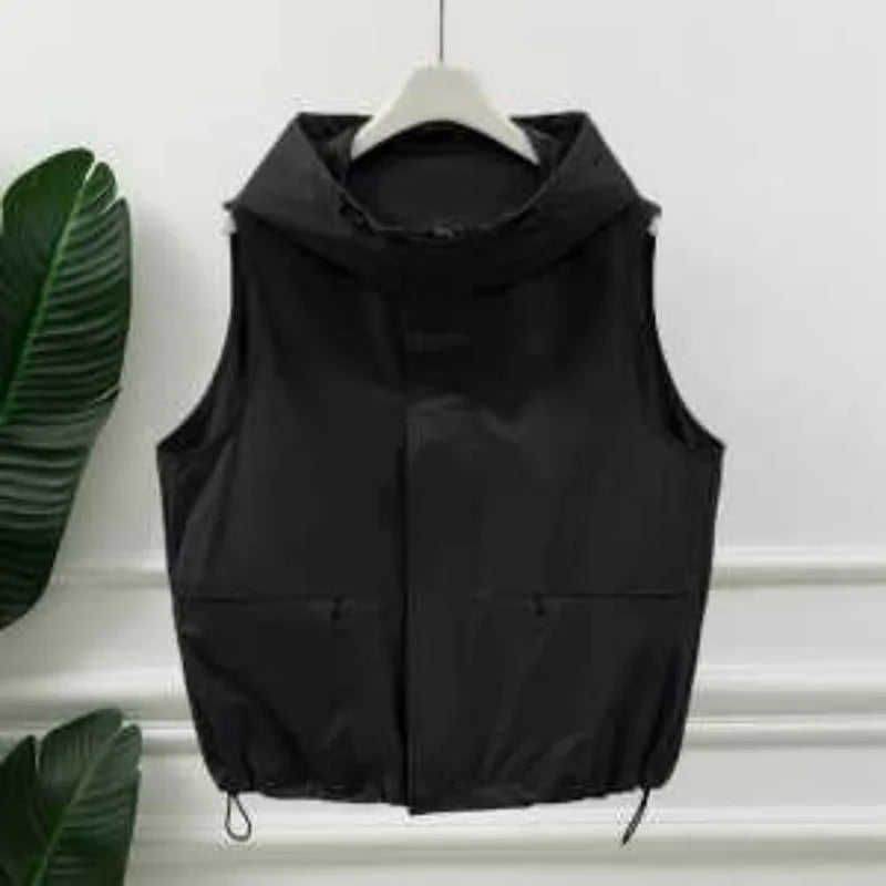 Chaleco utilitario sin mangas con capucha para mujer, gris claro, cremallera frontal, cordón, bolsillo en la cintura, chaleco informal para exteriores
