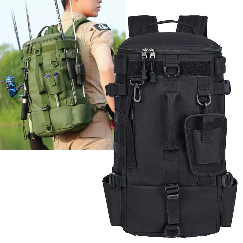Sac à dos de pêche tactique, sac de matériel avec porte-canne, rangement d'équipement de poisson Molle Camping randonnée sac multifonctionnel en plein air