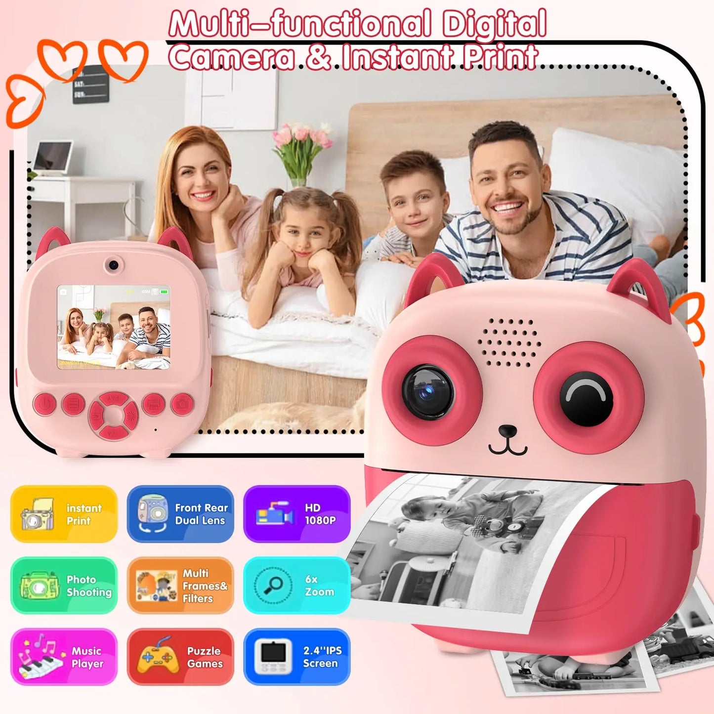 Cámara de impresión instantánea, cámara multifuncional para niños pequeños con impresión de fotos instantánea, cámara digital de 2,4 pulgadas con pantalla HD para fotos