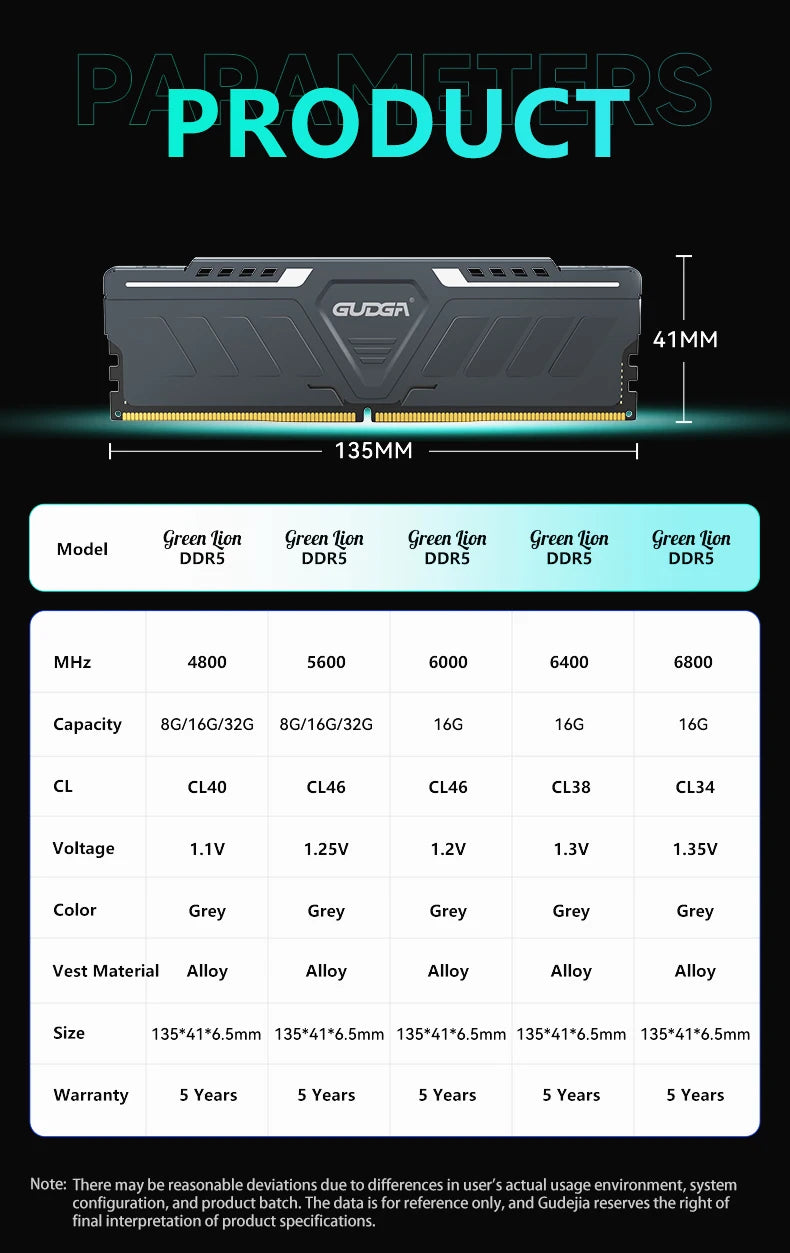 GUDGA DDR5 RAM 8 Go/16 Go/32 Go 4800-6800 MHz 1,1-1,35 V CL40 avec dissipateur thermique en aluminium pour ordinateur de bureau