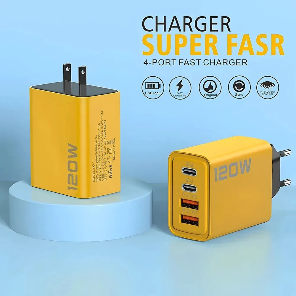 Cargador rápido USB de 120W en total, 4 puertos PD, carga rápida USB 3.0, tipo C, enchufe universal de pared para UE, EE. UU., Reino Unido, adaptador de carga USB C.