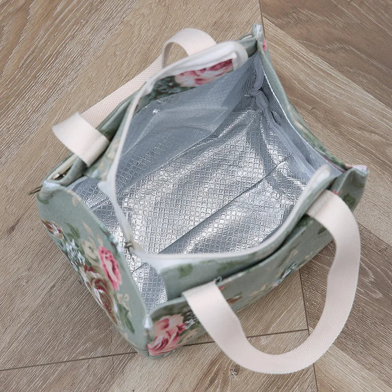 Bolsa de almuerzo estética con estampado floral, bolsa bento aislada de gran capacidad, bolsa térmica para la escuela, el trabajo, los viajes y pícnic