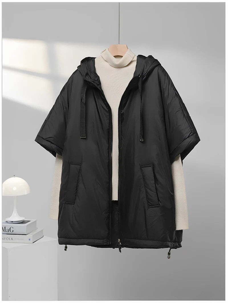 Chaleco de mujer Schinteon camel tipo capa de plumas con capucha holgado sin mangas, chaleco sólido de moda, chaqueta de otoño invierno 2025 nuevo