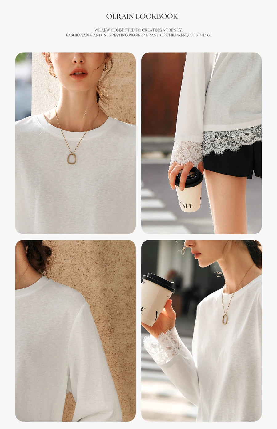 T-shirt femme en coton blanc automne 2026 — décontracté, ample, col rond, manches longues en dentelle