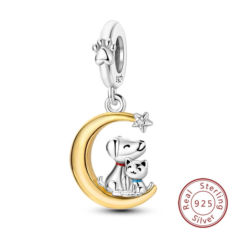 Abalorios de plata de ley 925 con huellas de perro, gato, corazón, animales, abalorios que se ajustan a pulseras, collares, colgantes, joyas para mujer, para hacer tú mismo