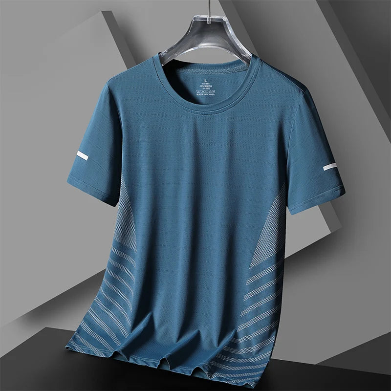 Men's Short Sleeve Running T-Shirt, Thin Ice Silk Top, Reflective Print, Quick Dry, Breathable, Fitness, Sport, 5XL