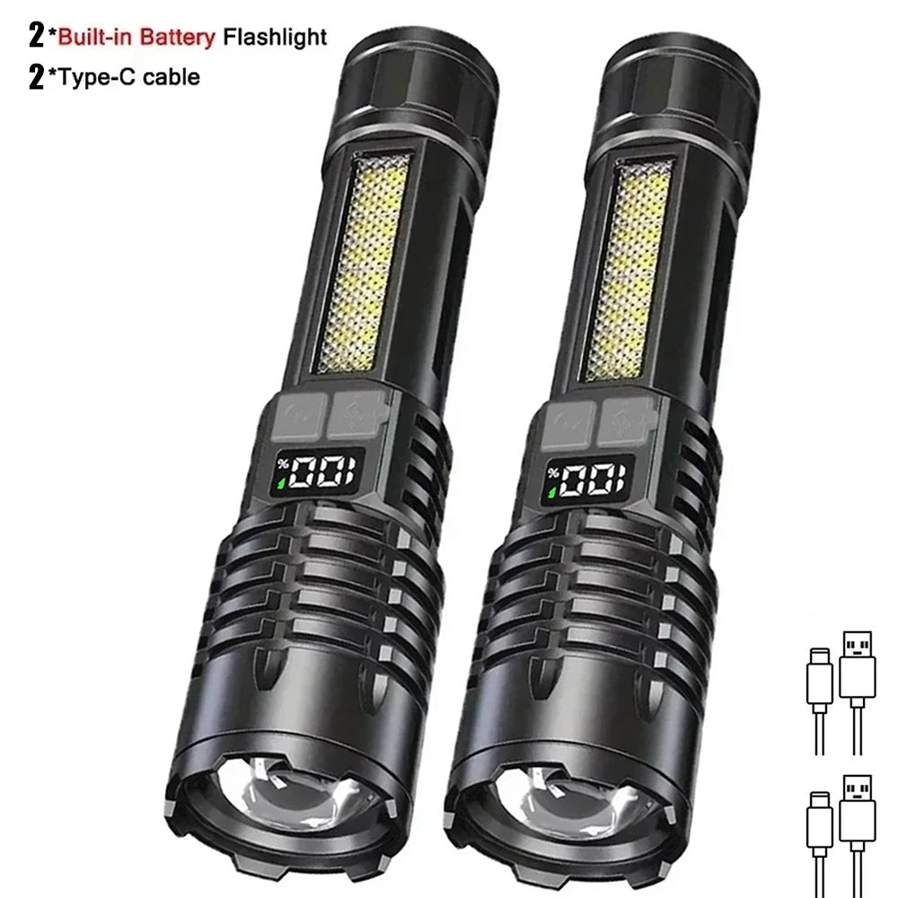 High Power LED Flashlight, Type-C Rechargeable Waterproof Torch with COB Side Light, Portable Zoom Outdoor Lamp for Camping and Hiking