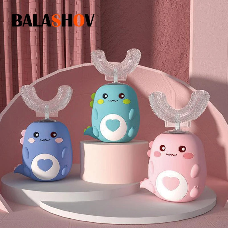 Cepillo de dientes eléctrico infantil en forma de U, rotación de 360 grados, dibujos animados inteligentes, cepillo de dientes de silicona, automático, recargable, sónico