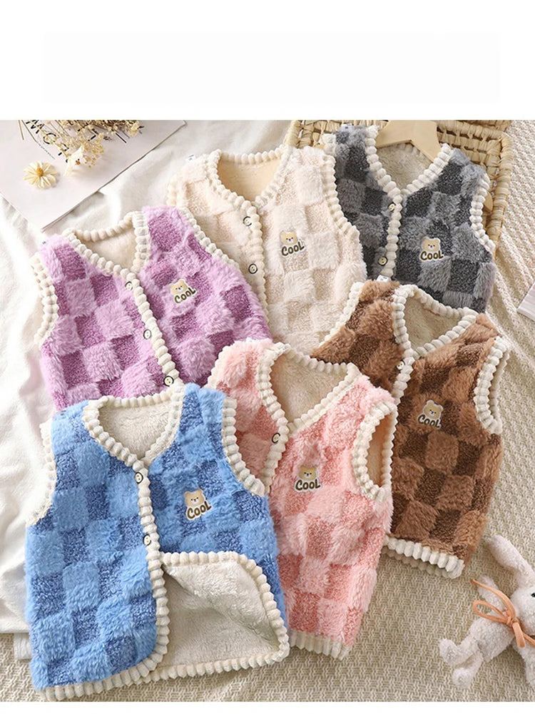 Chaqueta polar para niños, chaleco cálido de doble capa con estampado a cuadros, para niños y niñas, ropa de abrigo sin mangas para otoño e invierno