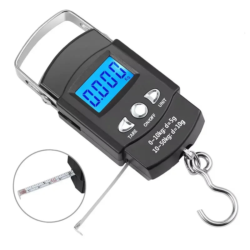 FLYSAND 110lb/50kg Balance électronique rétro-éclairé écran LCD avec ruban à mesurer Balance numérique pêche crochet suspendu Balance outil