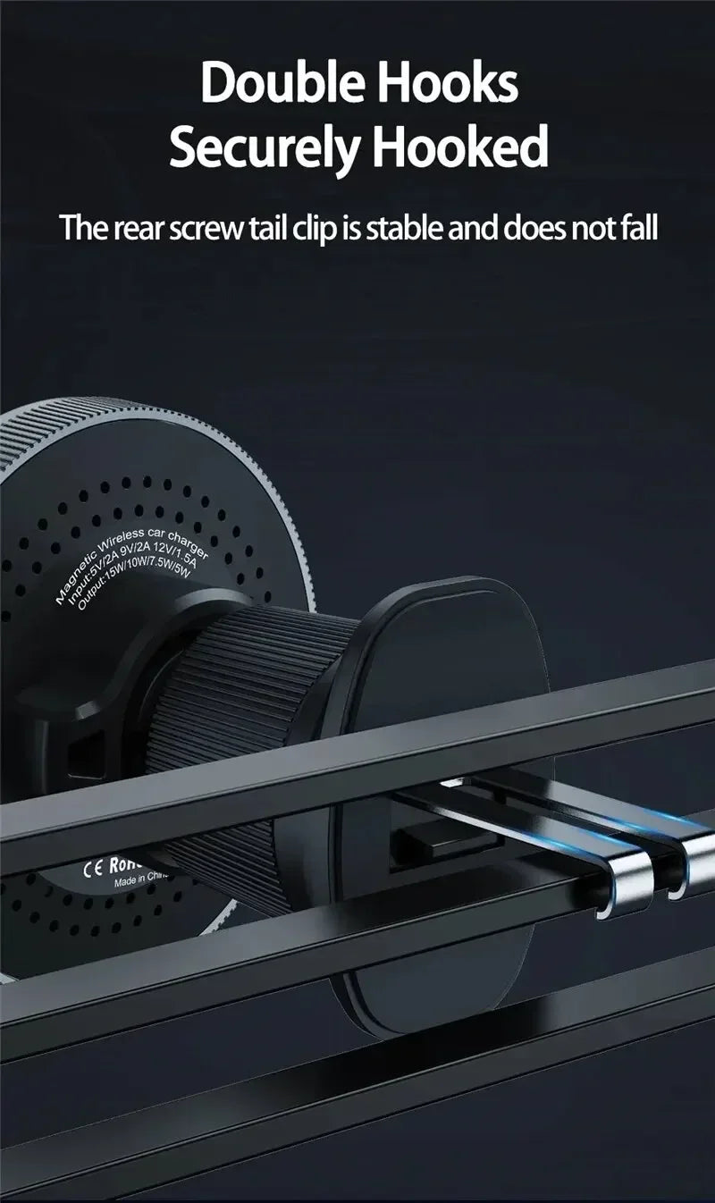 Chargeur de voiture magnétique sans fil — lumière LED, sortie d'air, support téléphone, charge rapide