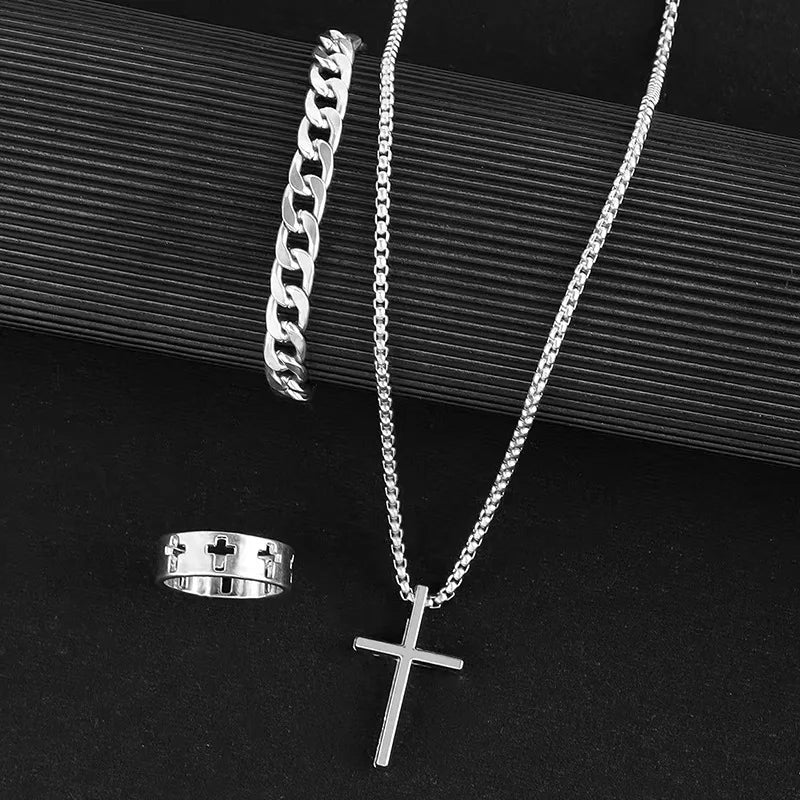 Best Seller New 3-Piece Cross Jewelry Set | Chain Bracelet Ring Necklace | Fashion Religious Accessories for Women and Men, Daily and Gift