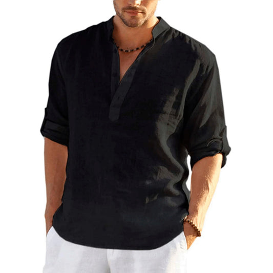 Casual Shirts, Men's Cotton Loose Shirts, Fashion Stand-up Collar Solid Color Long-sleeved T-Shirts, Handsome Slim Fit Tops