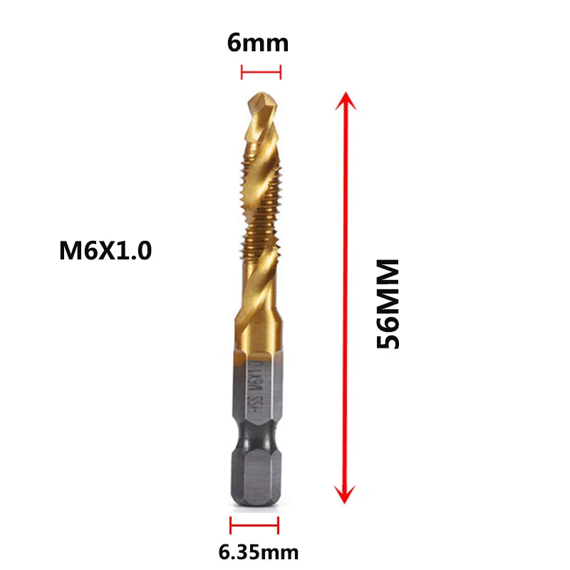 Forets tarauds plaqués titane tige hexagonale HSS — M3, M5, M6, M8, M10, outils à main