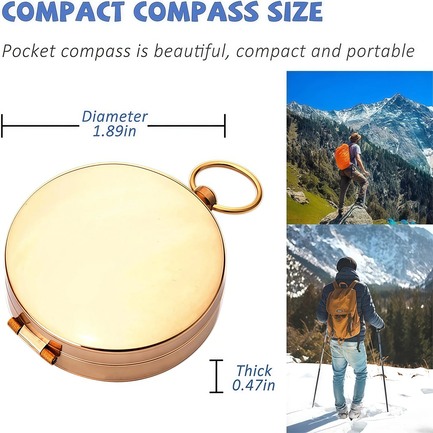 Boussole extérieure en laiton - Boussole de poche portable en cuivre doré avec affichage qui brille dans le noir pour le camping et la navigation de randonnée