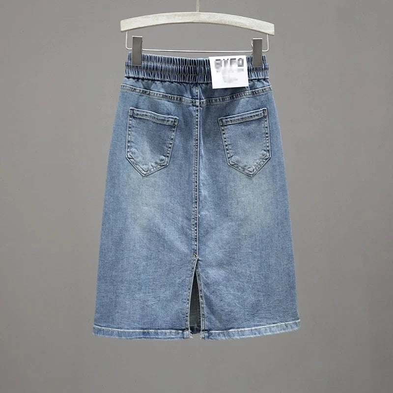 Falda coreana de talla grande 5XL de mezclilla, maxi falda de primavera verano para mujer, faldas largas de jean con cordones, falda vaquera de media longitud con línea A para mujer