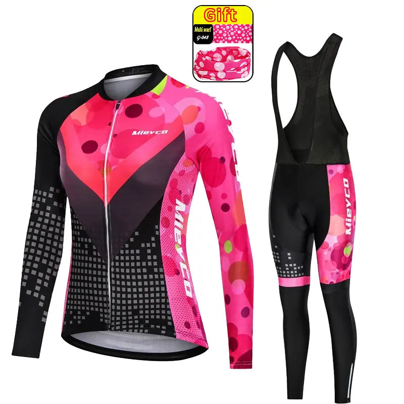 Women's Cycling Apparel, Jersey and MTB Bib Shorts Set, Women's Long-Sleeve Cycling Suit, MTB Outfit