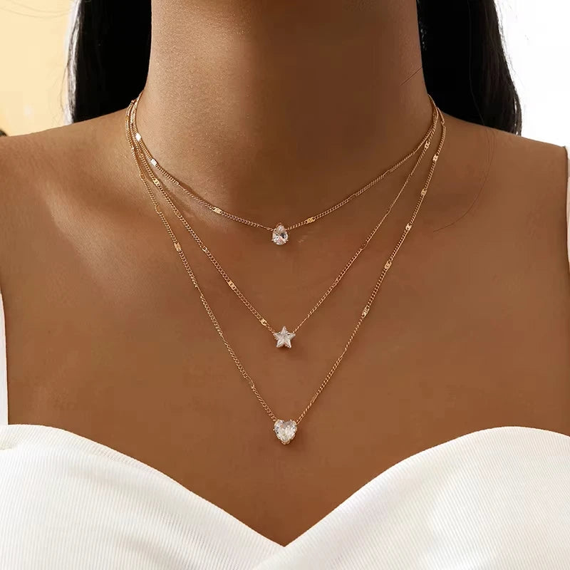 Collar con colgante de circonita para mujer, cadena multicapa, gargantilla, a la moda, brillante, joyería de fiesta, regalo