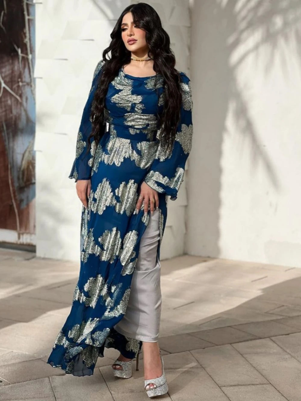 Abaya dorure bleu robe de soirée Takchita Festival fête Date une ligne perlée décontracté en mousseline de soie personnalisé délicat bal O cou robe