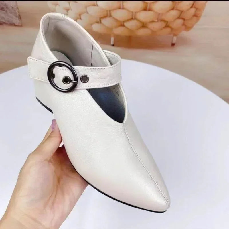 Women's Pointed Toe Block Heel Shoes, Retro Belt Buckle High Heels, Black, New 2024 Collection