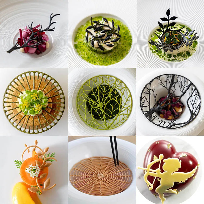 Anillo circular con forma de hoja, sello de encaje con tapa de azúcar, ramas de árbol, verduras, decoración de alimentos occidentales, cocina molecular, molde de silicona para hornear