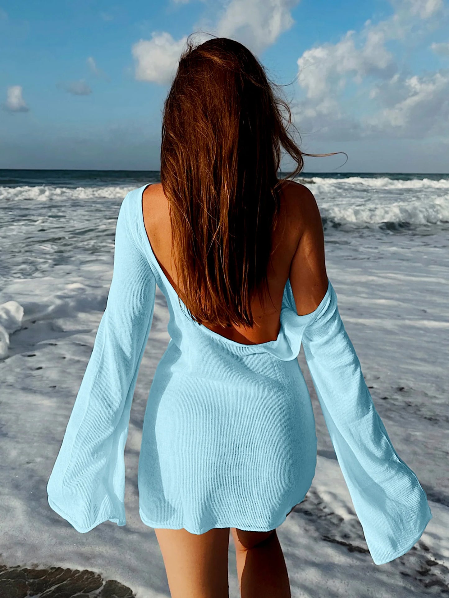 Robe de plage en tricot transparent pour femmes, dos nu, manches cloche, couleur unie, coverups de bain, élégante, col rond, mini, été, 2025, K98