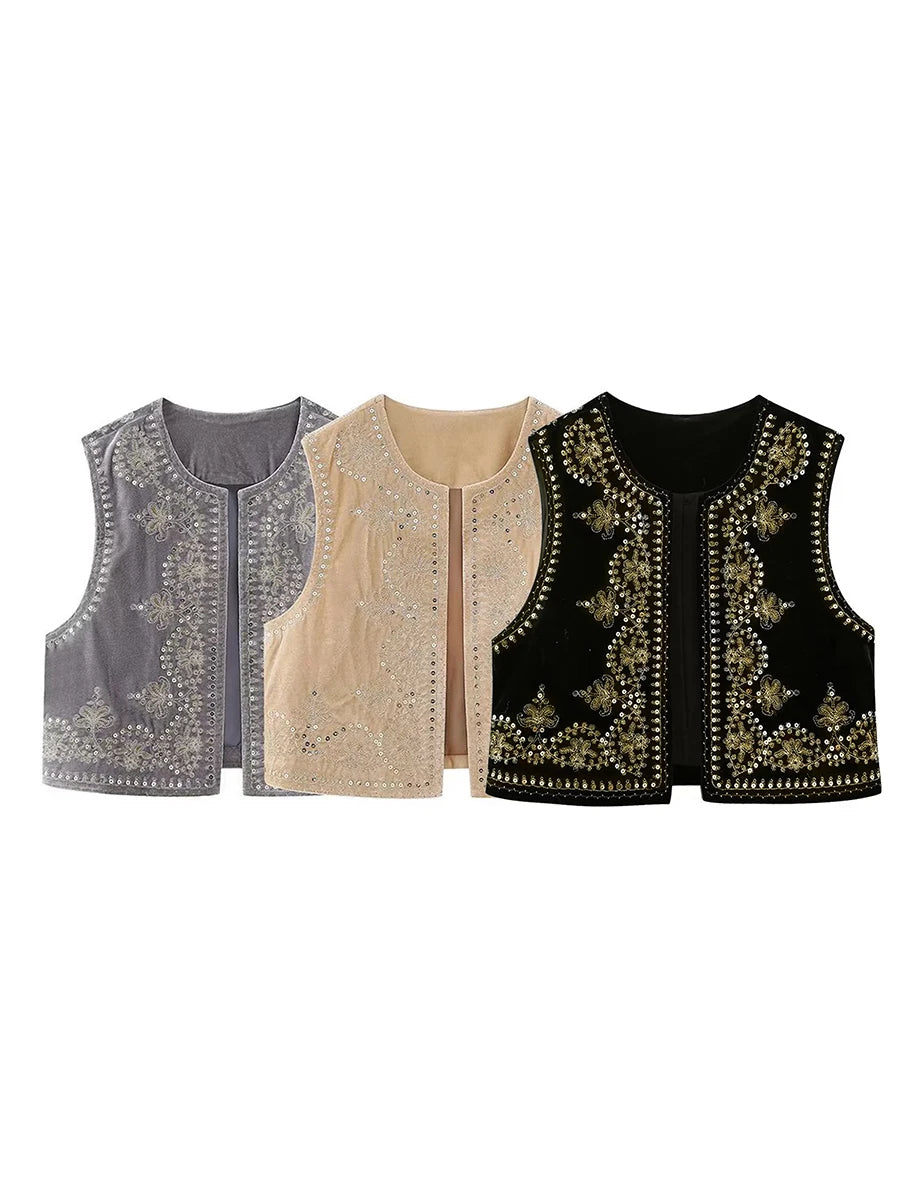 Chaleco bordado negro Vintage con estampado Floral para mujer, sin mangas, frente abierto, corto, versátil, ropa de abrigo y2k, cárdigan Boho corto