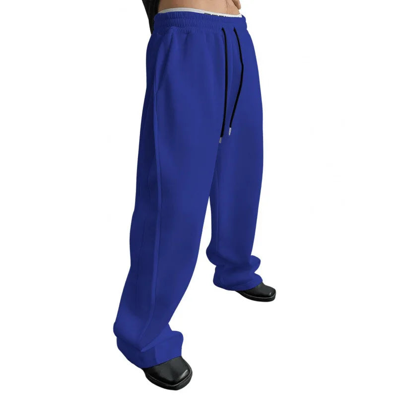 Men's Solid Color Sanitary Pants, Straight Waist with Drawstring, Wide Leg, Loose Fit with Pockets, Versatile Sport Pants, 2025