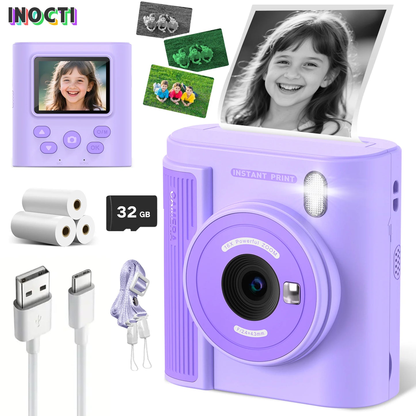 INOCTI Kids Print Camera, Digital Camera for Toddlers, Three Print Papers and 32G Card, for Girls & Boys, Christmas Birthday Gifts