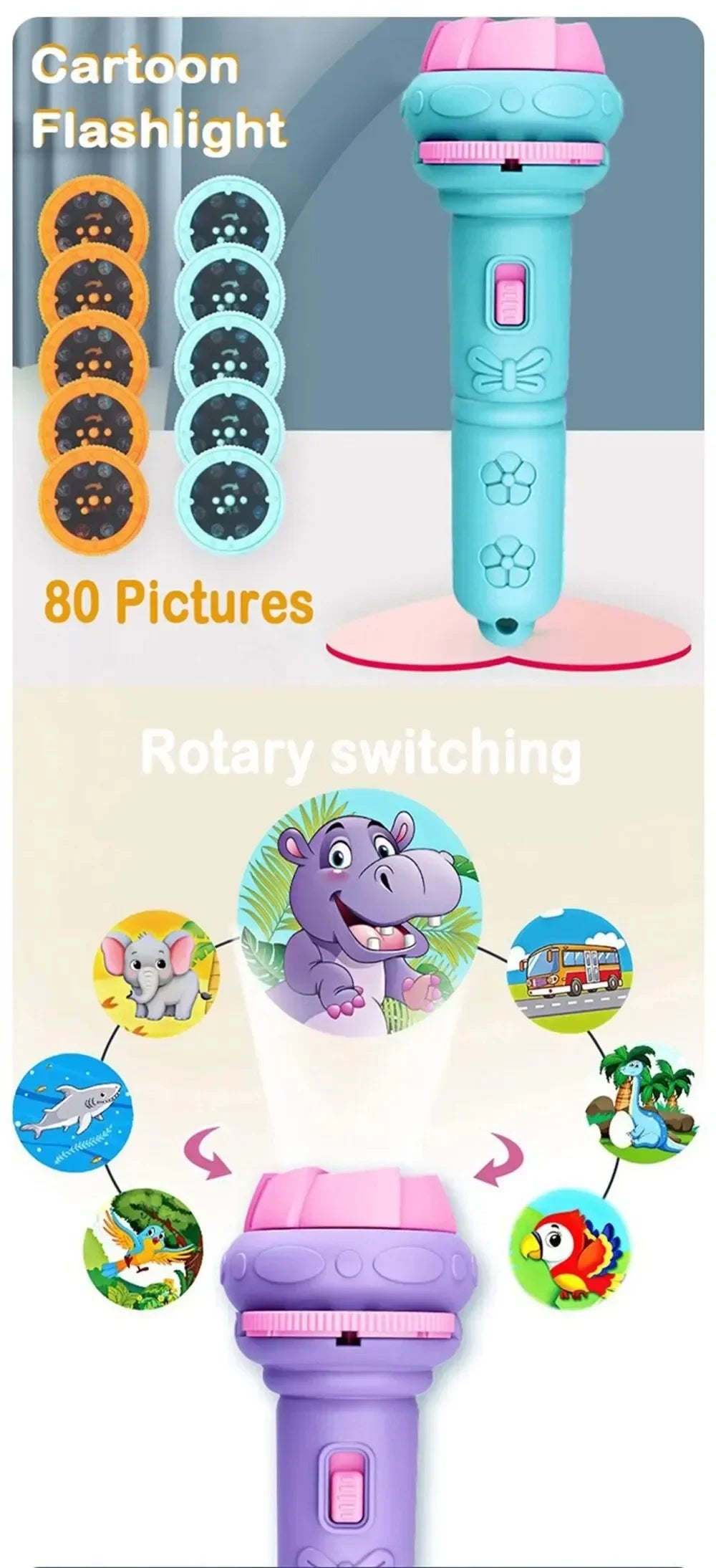 Lampe de Poche Projecteur Enfants — 10 Cartes, 80 Modèles, Jouet Coucher Dessin Animé, Cadeau