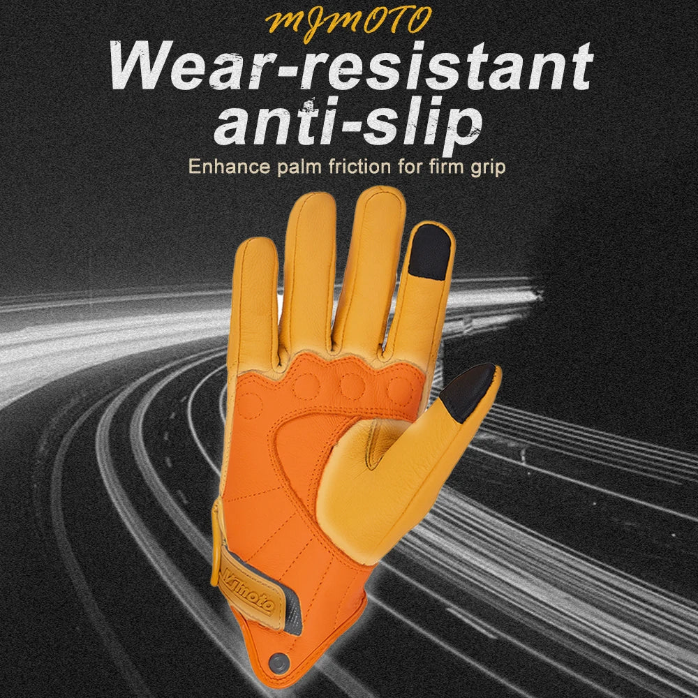 Gants de Moto Rétro en Cuir Jaune pour Homme et Femme, Accessoire Perforé et Respirant pour Course de Vélo, Écran Tactile, Motocross