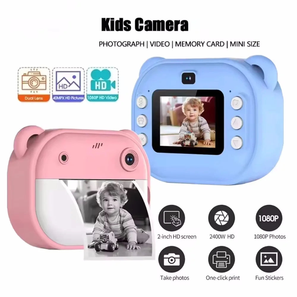 Cámara instantánea para niños, minicámara de vídeo digital para niños, pantalla 1080P, impresión de papel térmico + tarjeta de memoria de 32G