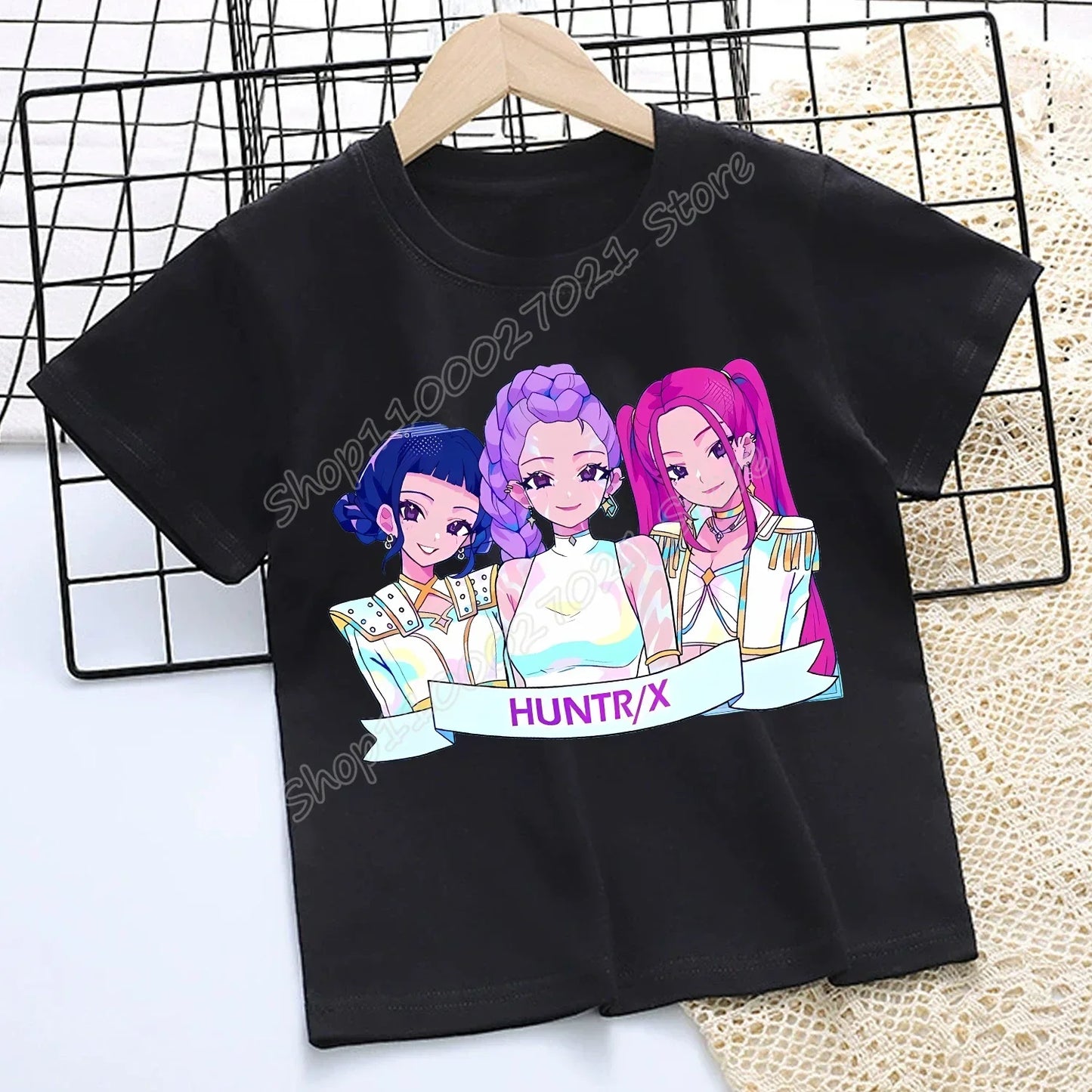 Camiseta de K-Pop Demon Hunters para niños, camiseta negra de dibujos animados para niñas, cuello redondo, ropa de manga corta