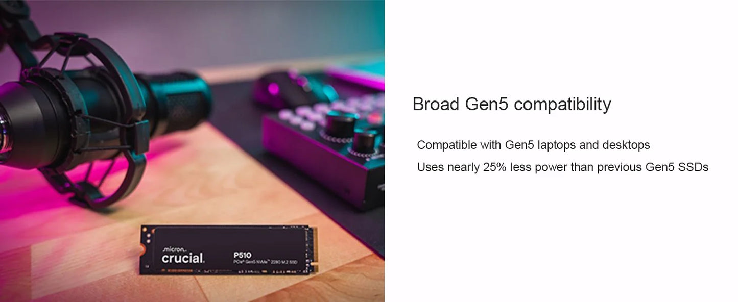 SSD NVMe Crucial P510 1 To 2 TBGen5, SSD PCIe 5.0 M.2 2280, disque SSD interne, compatible avec ordinateur portable, ordinateur de bureau (paquet OEM)