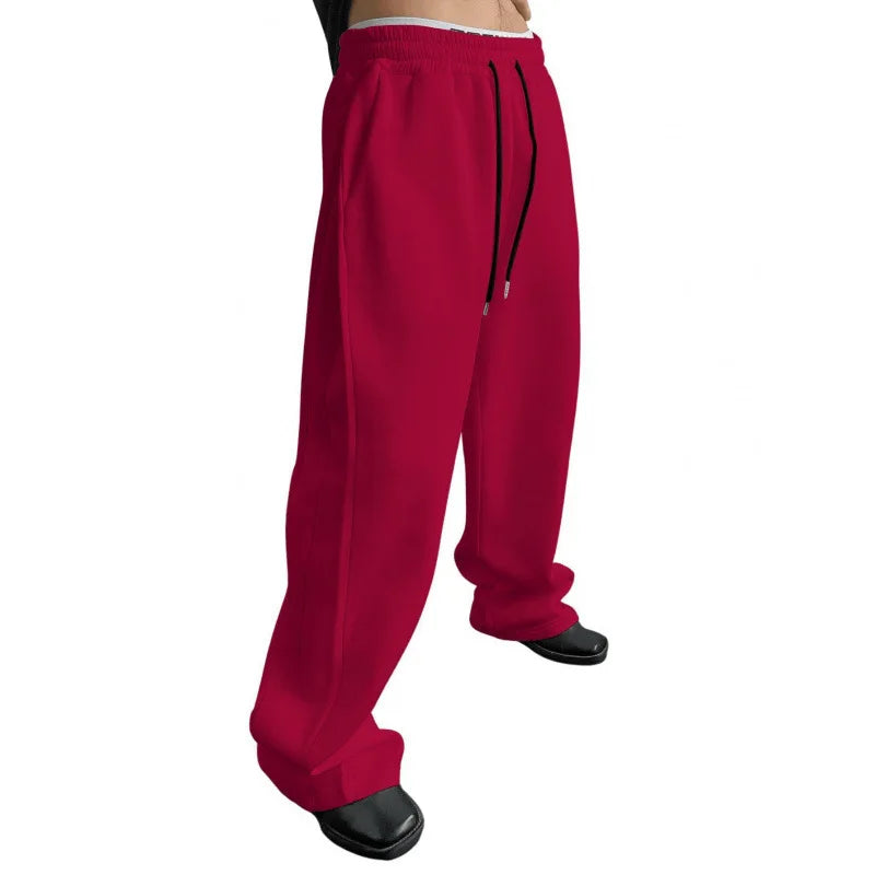 Men's Solid Color Sanitary Pants, Straight Waist with Drawstring, Wide Leg, Loose Fit with Pockets, Versatile Sport Pants, 2025