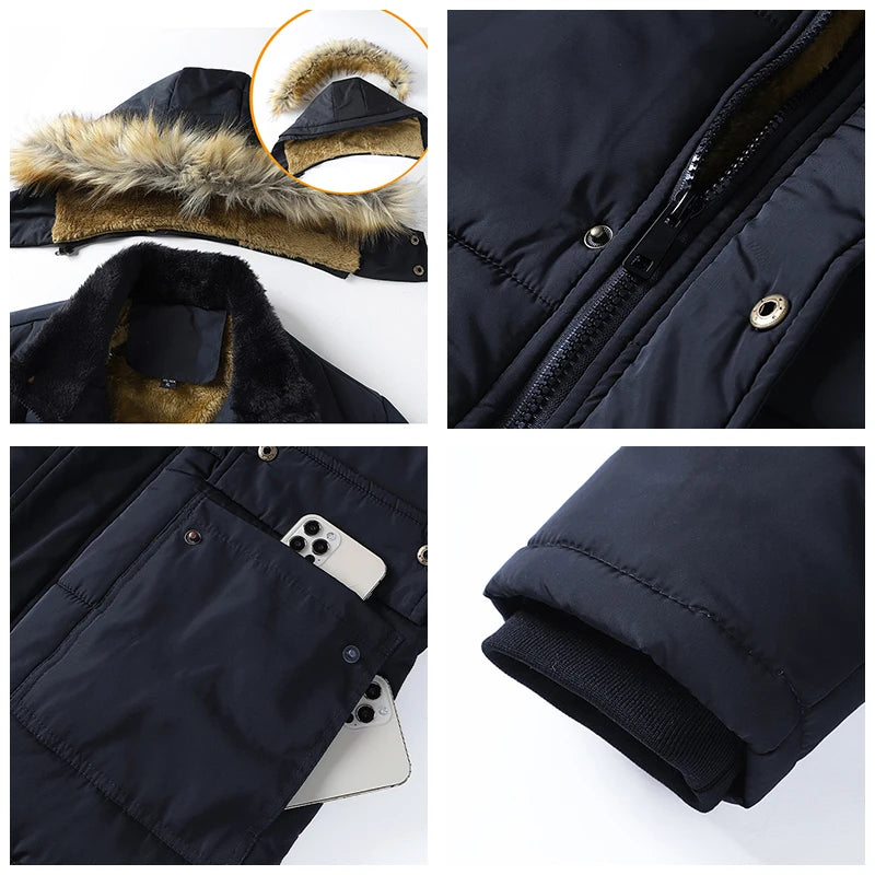 Men Winter New Windbreaker Fleece Warm Thick Jacket Parkas Coat Men Fashion Hooded Fur Collar Classic Casual Parka Men